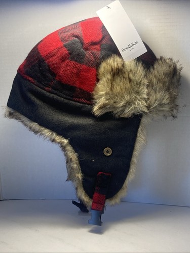 Goodfellow & Co Mens Plaid Faux Fur Trapper Hat, Red One Size