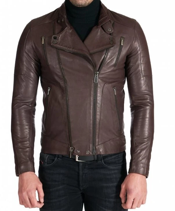 Men's Dark Brown Genuine Leather Biker Jacket - Dual Zipper, Stylish Moto