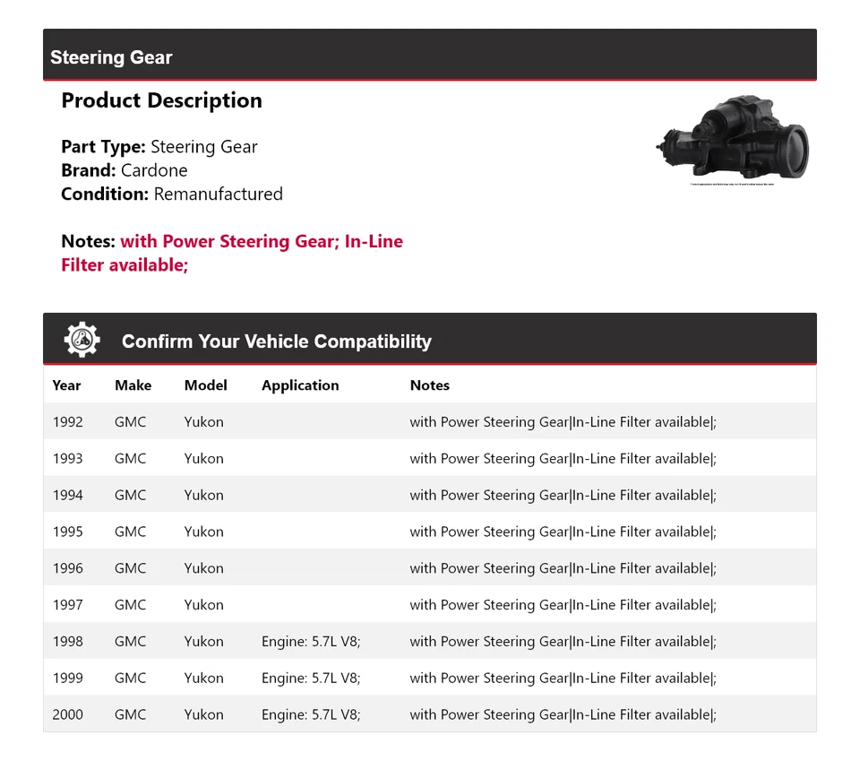 Para GMC Yukon 1992-2000 engranaje de dirección Cardone 1993 1994 1995 1996 1997 1998 1999 Foto 2 de 4