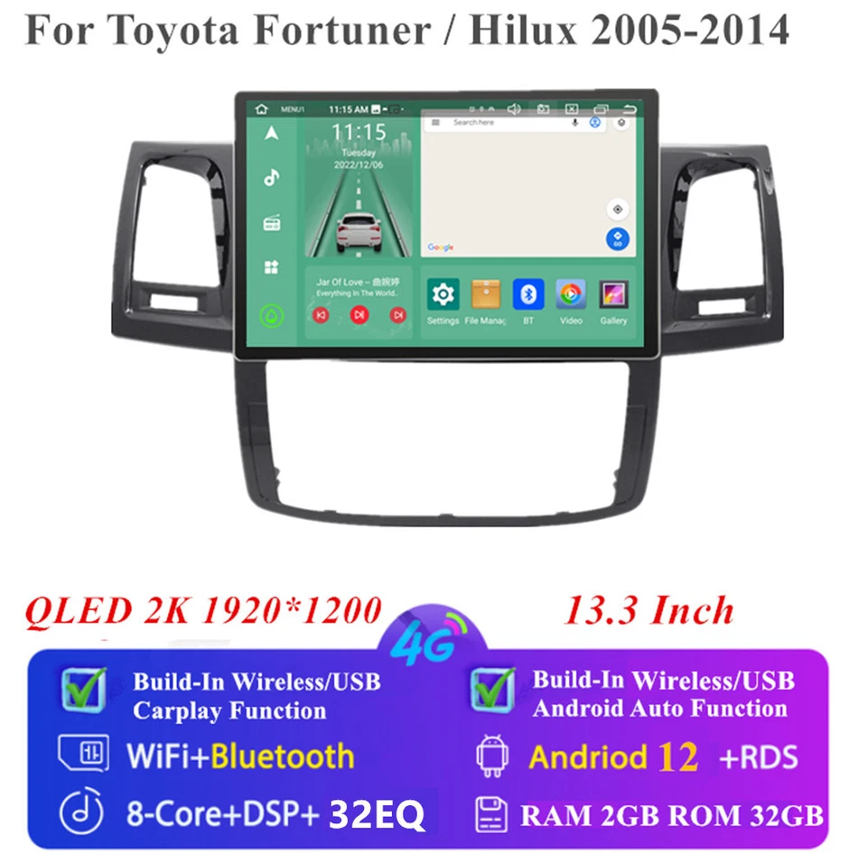 13.3'' Android 12 Car Stereo Radio GPS For Toyota Fortuner / Hilux 05-14 Carplay - Image 2 of 4