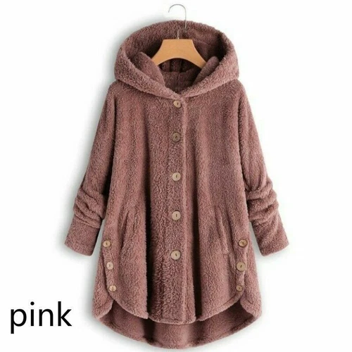 Damen Kapuzen Mantel Jacke Tops Hoodies Flauschig Fleece Kunstfell Plüsch Knopf Vintage - Bild 13 von 28