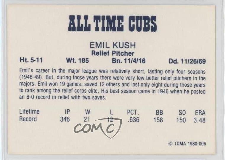 1980 TCMA All Time Chicago Cubs Emil Kush 1980006 eBay