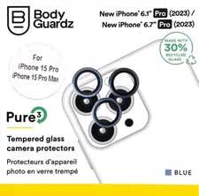 BodyGuardz Blue Pure 3 Tempered Glass Camera Protector -iPhone 15 Pro/15 Pro Max