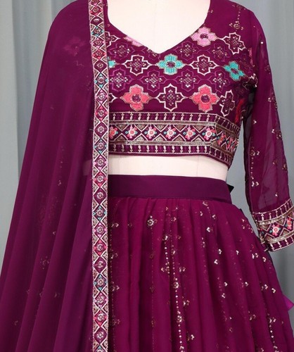 Attractive Look Heavy Georgette Lehenga Choli With Wine Dupatta For Wedding Wear - Picture 7 of 13