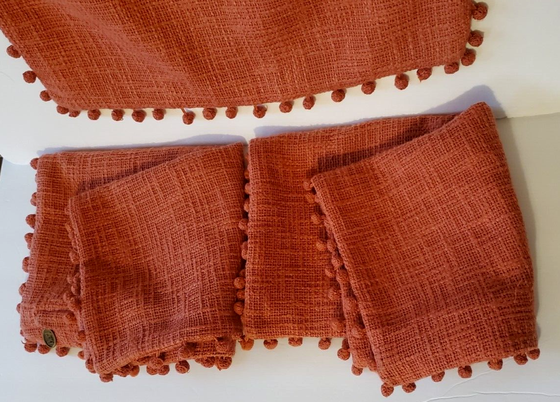 Pier 1 One 3 Basket Weave Red Orange Rust Pom Pom Throw Pillow Covers