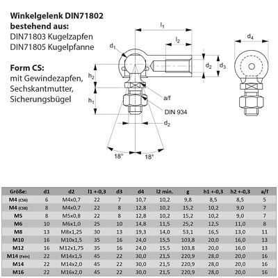 10x M10 Winkelgelenk Kugelgelenk CS RH DIN 71802 + Neopren Dichtkappe