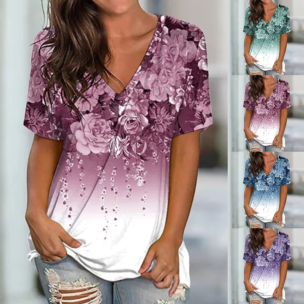 Women V Neck Floral Blouse Pullover Short Sleeve Plus Size T-Shirts Tunic Summer