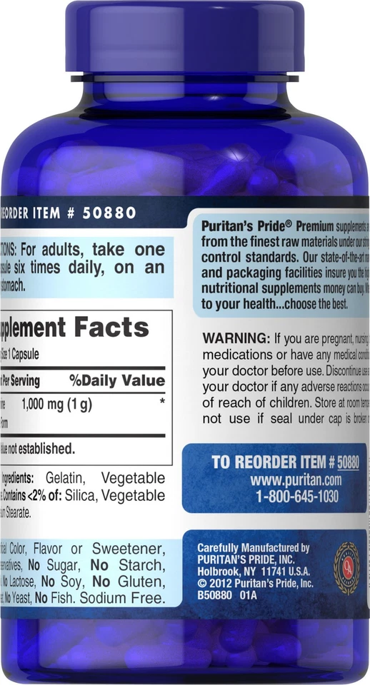 Puritan's Pride L-Arginina 1000 mg - 100 Cápsulas Foto 2 de 4