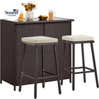 3Pcs Outdoor Bar Set, Patio Wicker Bar Furniture with 2 Storage Shelves, Glass T