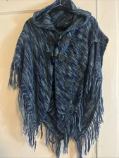 Womens Poncho S/M Blue Green Wrap Latch Fringe Hem Soft Cape Shawl Asymmetrical