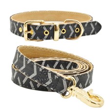 Leather Dog Collar And Leash Set Check Pattern Metal Buckle Black Large