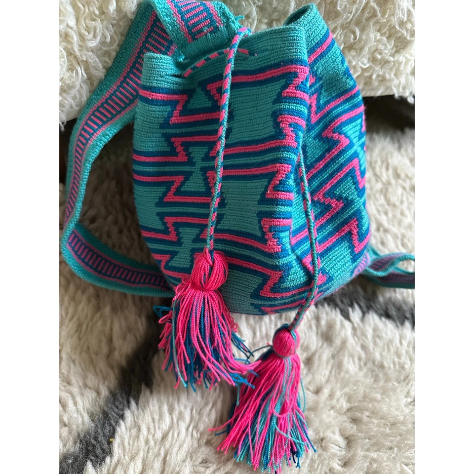 Подлинный 100% Wayuu Mochila колумбийская сумка хлопок конфеты богемный синий розовый неон - Изображение 3 из 4