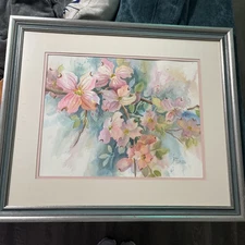 Vintage Framed original Fine Art Watercolor Dogwood Flowers Van Natta 26" By 22"