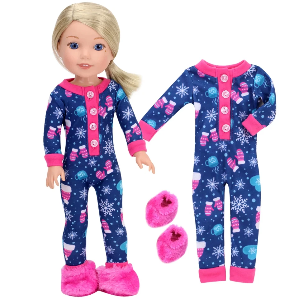 Snowflake Pajamas & Slippers Fits 14.5" Wellie Wisher American Girl Doll Clothes