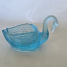 Blue Art Glass Swan Open Salt Nut Candy Trinket Cellar Dish 4” 