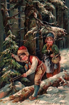 CHILDREN Saw Down FIR TREE On Beautiful PFB Vintage CHRISTMAS Postcard
