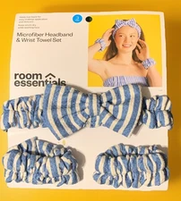 3 Pc Microfiber Headband & Wrist Towel Set NWT Blue Stripe Trendy Spa Gift NEW