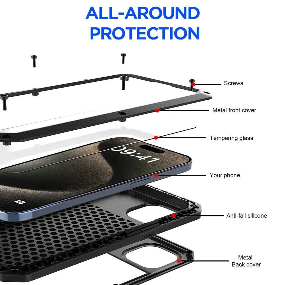 Heavy Duty Protection Armor Metal Case for iPhone 16 15 14 13 12 11 Pro Max XR 8 - Image 2 of 4