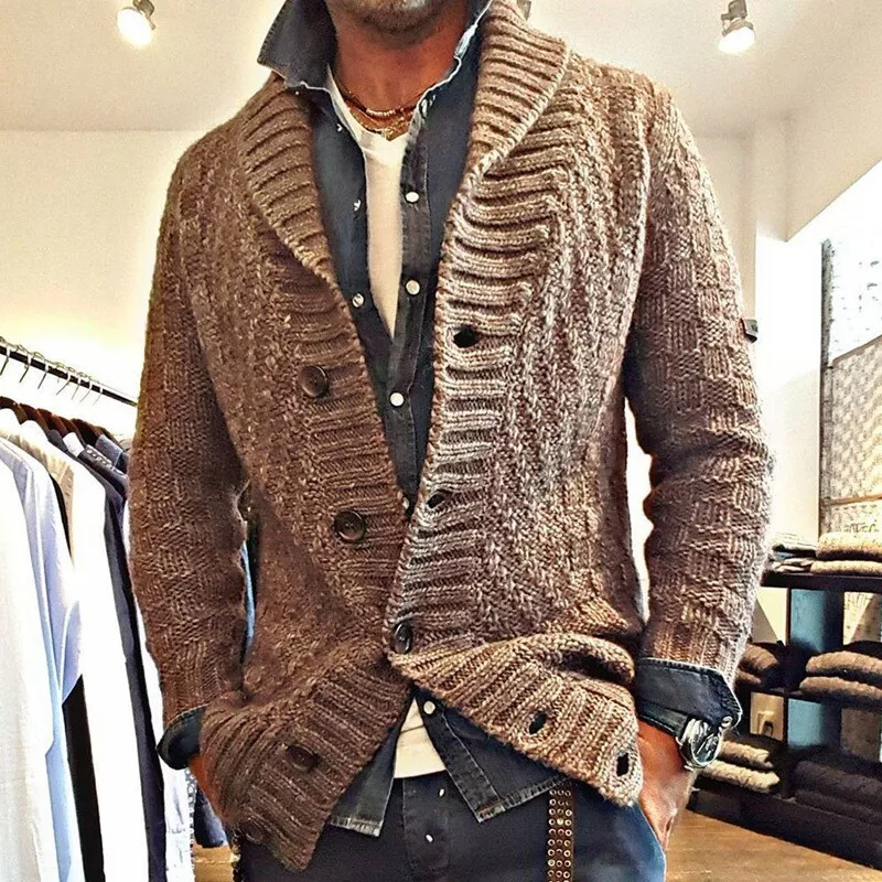 Mens Fashion Lapel Collar Knit Sweater Jacket Loose Long Sleeves Cardigan Coats
