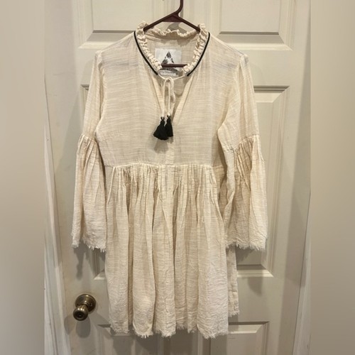 Pearl and Caviar Beige Zakar Gauze Dress Tassels Resortwear S/M small medium - Picture 2 of 12