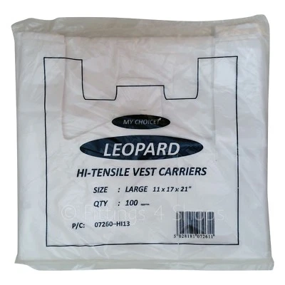 1000 x Large White Vest Plastic Carrier Bags 11"x17"x21" - Leopard