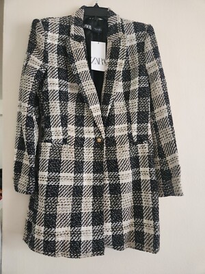 ZARA WOMEN'S LONG TEXTURED CHECK BLAZER ECRU BLACK SZ LARGE BNWT