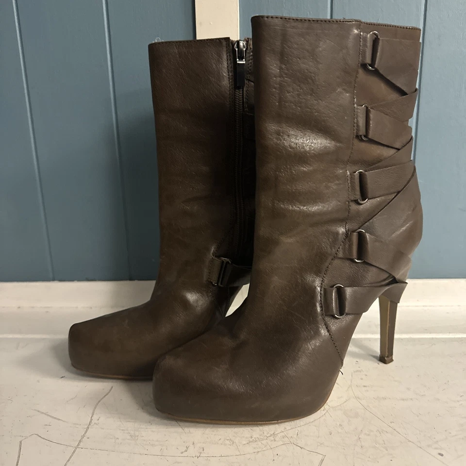 BOUTIQUE 9 - Botines de plataforma de diseñador de cuero marrón talla 8 para mujer botas de tacón Foto 2 de 4