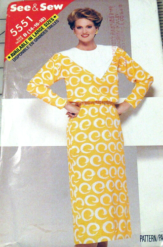 BUTTERICK PATTERN 5551 PULLOVER DRESS MID CALF LENGTH NO ZIP SIZE 14-18 1980’S