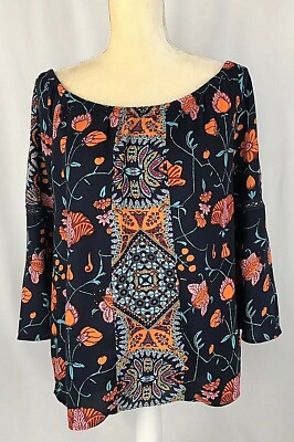 Anthropologie Figueroa Flower Blouse Top Shirt XL Petite  3/4 Sleeves Blue Boho