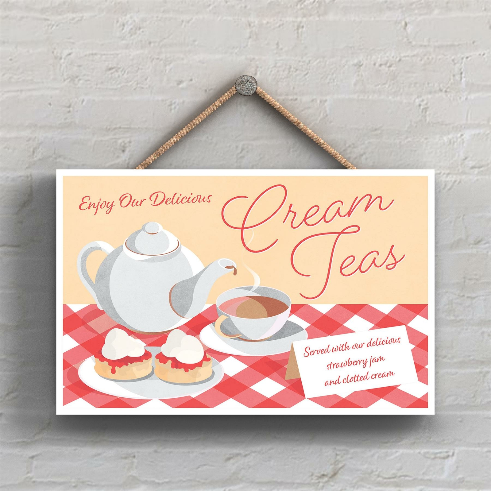 Blue Cream Teas With Stawberry Jam Clotted Cream Decorative Kitchen Plaque Sign