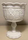VTG. INDIANA GLASS CO. WHITE MILK GLASS PESESTAL SCALLOPPED EDGE WEDDING COMPOTE
