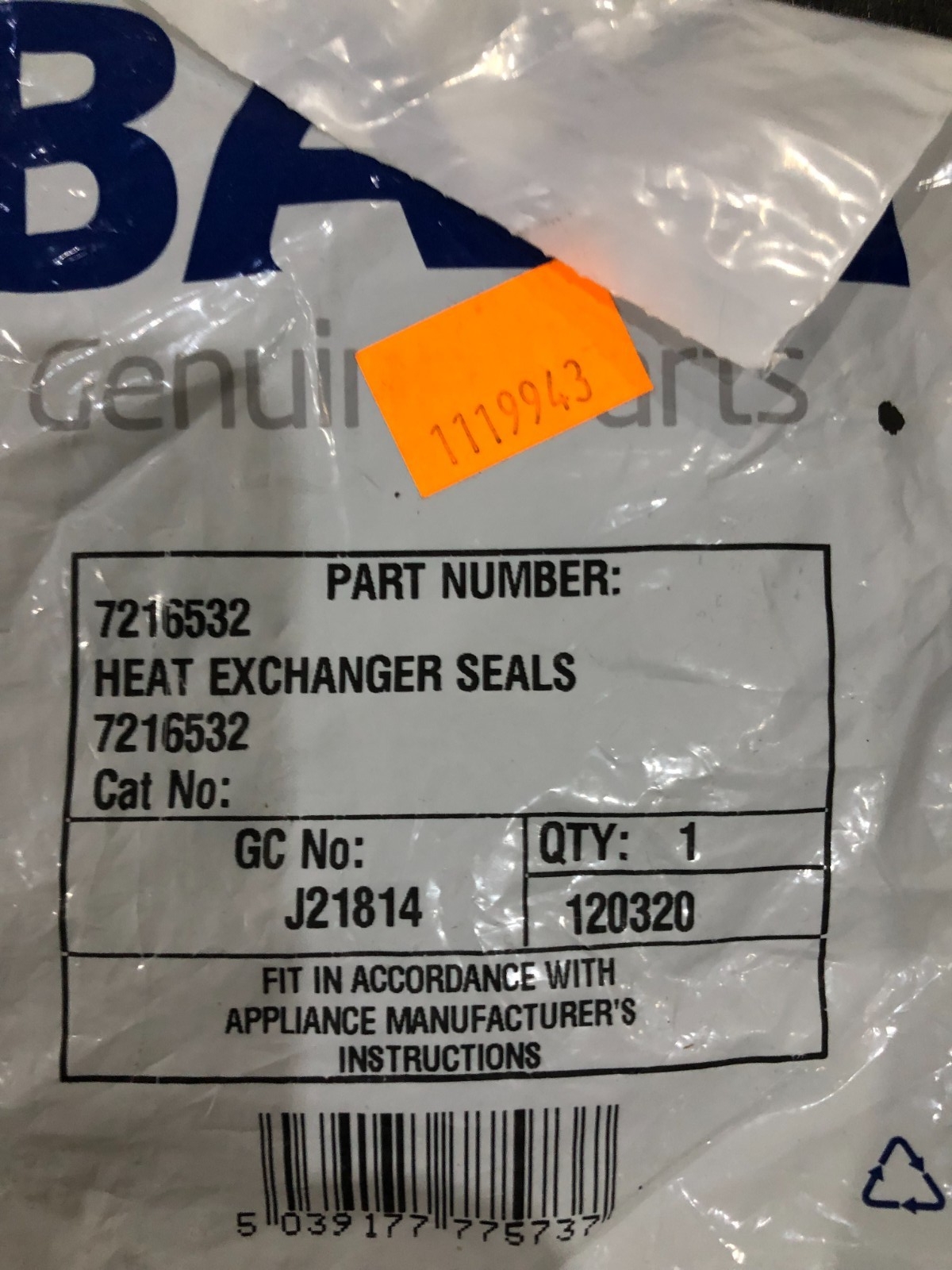 BAXI 124 & 128 BOILER HEAT EXCHANGER SEALS 7216532