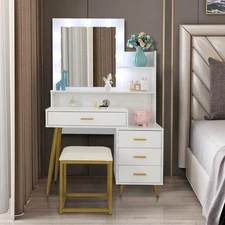 FCH Makeup Vanity Table Set with Led Lighted Mirror & Stool 4 Drawers Dressers