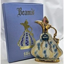 Vtg 155 Months Jim Beam Whiskey Decanter W/Box 1970 Gold w/Blue & White Fl Empty