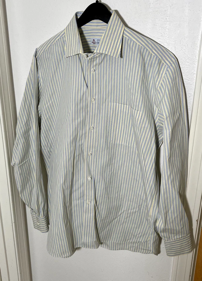 Borrelli Napoli роскошь желтый синий полоски хлопок платье рубашка 16,5-35 Италии сделано - Изображение 2 из 4