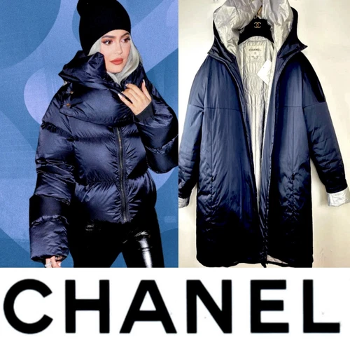Cappotto sci Chanel 2018 blu argento puffer 40 42 44 8 10 12 sport cappuccio giacca M L