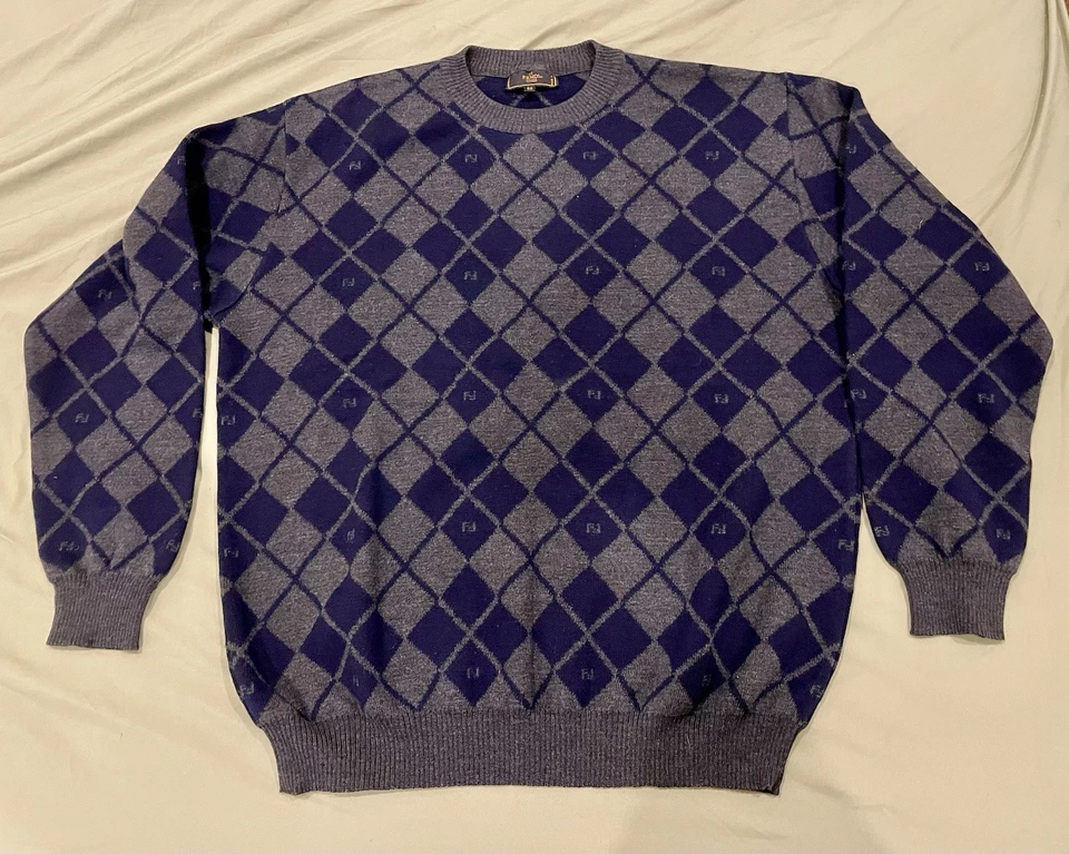 FENDI 💯 Merino Wool Geometric Blue Great Sweater Men’s Size 50 (L) Large - Image 2 of 4