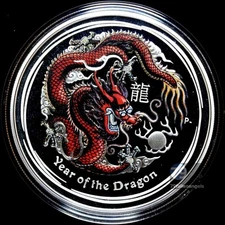 2012 Australia Lunar Year Of The Dragon Red Colored Silver 1 oz Proof Coin Perth