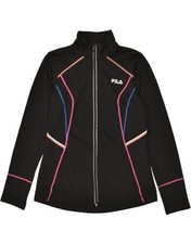 FILA Womens Graphic Tracksuit Top Jacket UK 12 Medium Black Polyester BF19