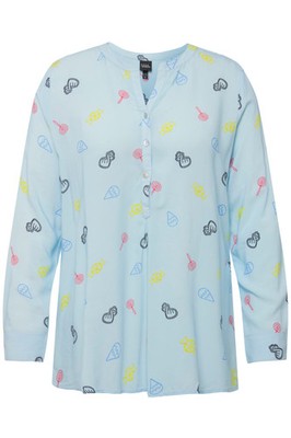 Ulla Popken große Größen Bluse 42+ zartes hellblau Bluse Comic Druck Stehkragen
