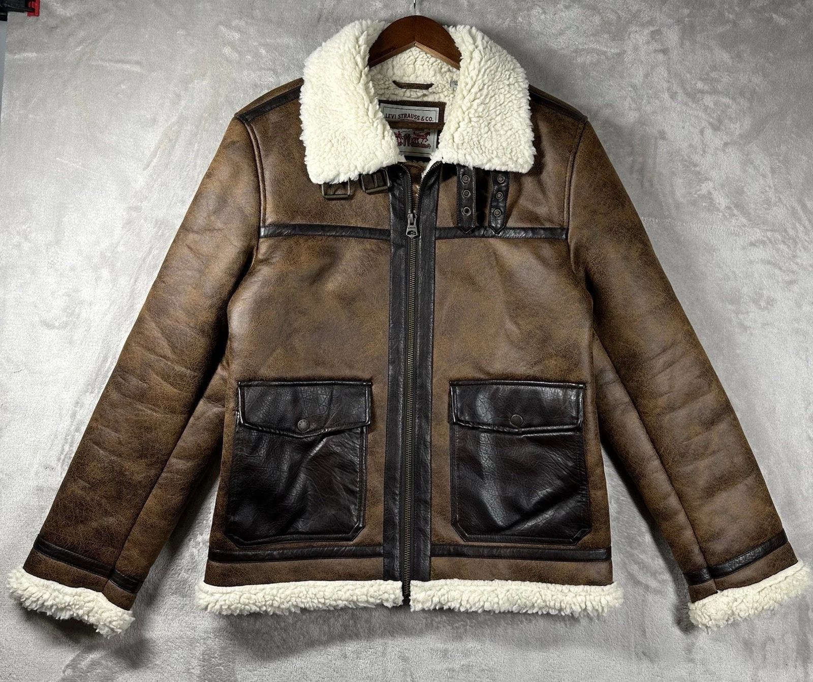 Levi’s Faux Shearling Rancher Aviator Jacket Mens Sz Small Brown Pockets Buckles - product detail image 1