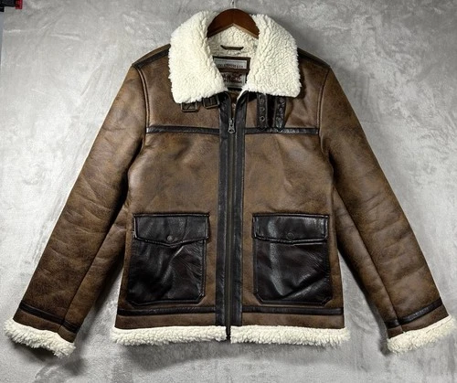 Levi’s Faux Shearling Rancher Aviator Jacket Mens Sz Small Brown Pockets Buckles video thumbnail