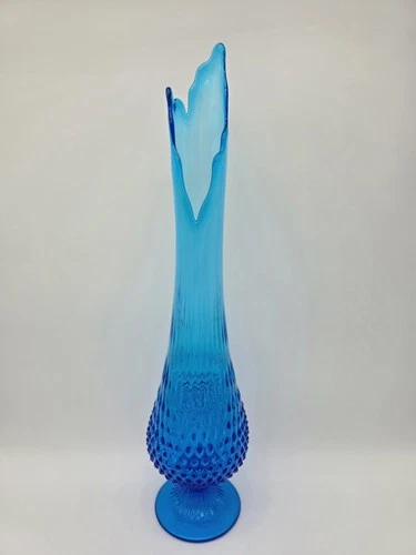 Fenton Blue Glass Swung Vase 20.5 " Hobnail Pedestal Base Vintage MCM Stunning