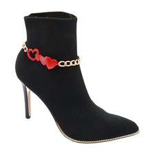 Women Gold Metal Boot Chain Bracelet Shoe Red Heart Charm Love Fancy Dressy Look