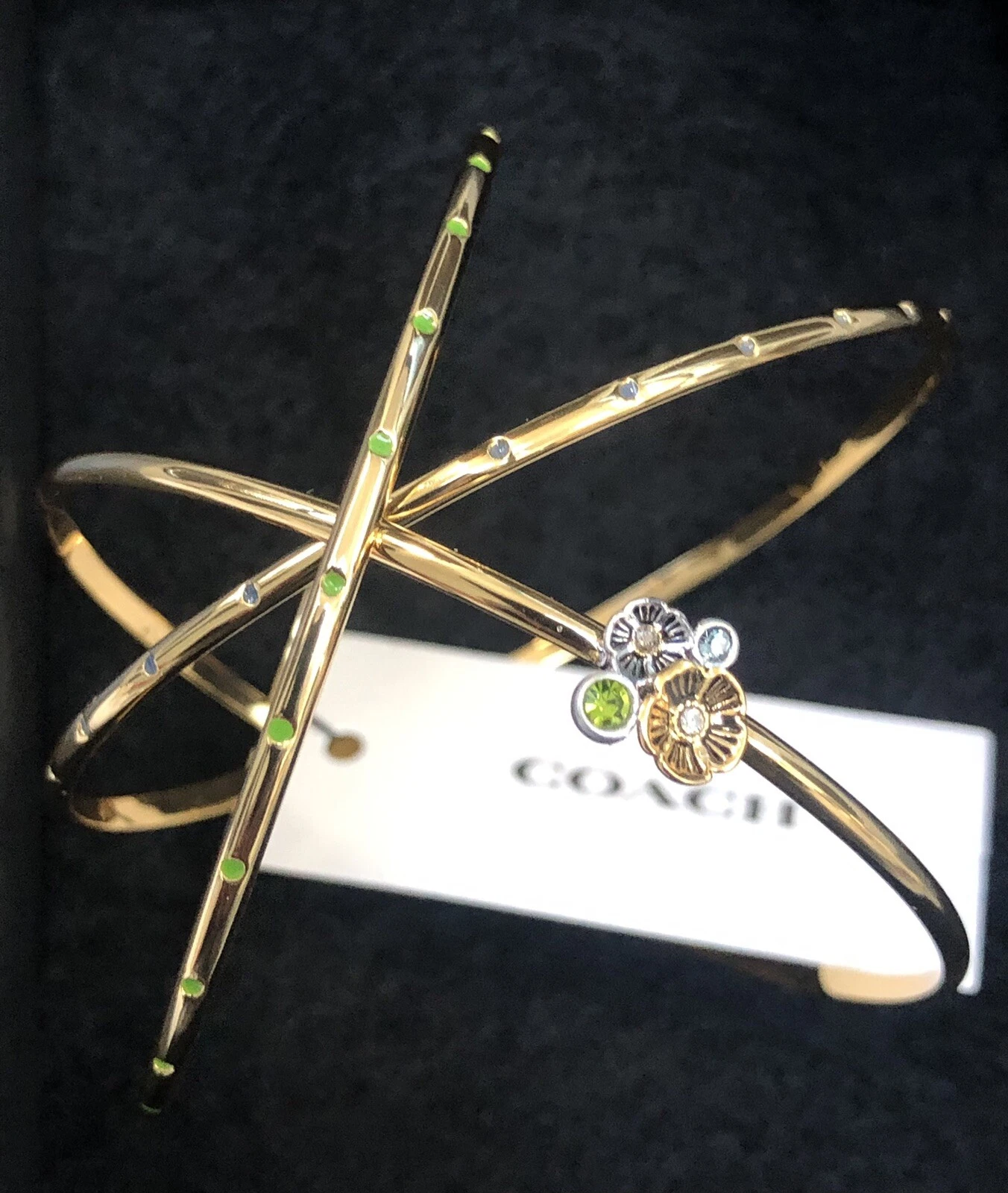 NWT COACH Tea Rose Bangle Set Of 3 G Silver Tone Green Blue Crystal Bracelet