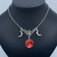 Crescent Triple Moon Vintage Crystal Necklace Pagan Womens REd with gift box
