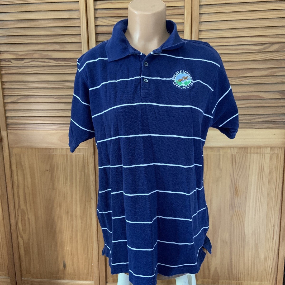 ROLEX KENTUCKY Three Day Event Polo Shirt mens small unisex blue wite  pinstrpes