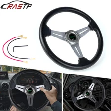 340mm Deep Dish Leather 6 Bolt Steering Wheel with Horn Button Car Sport Racing