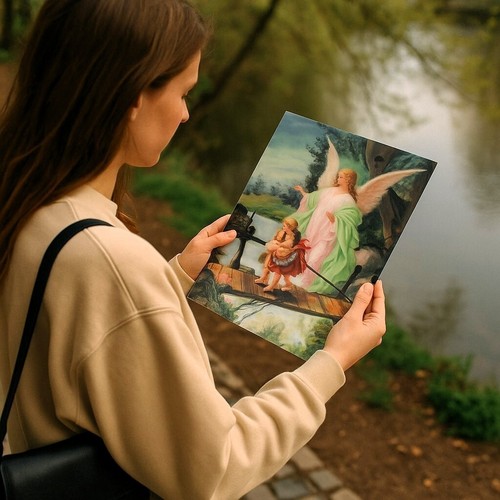 Guardian Angel Vintage on a Bridge Lenticular 3D Size 13.5 in x 9.5 in No Frame