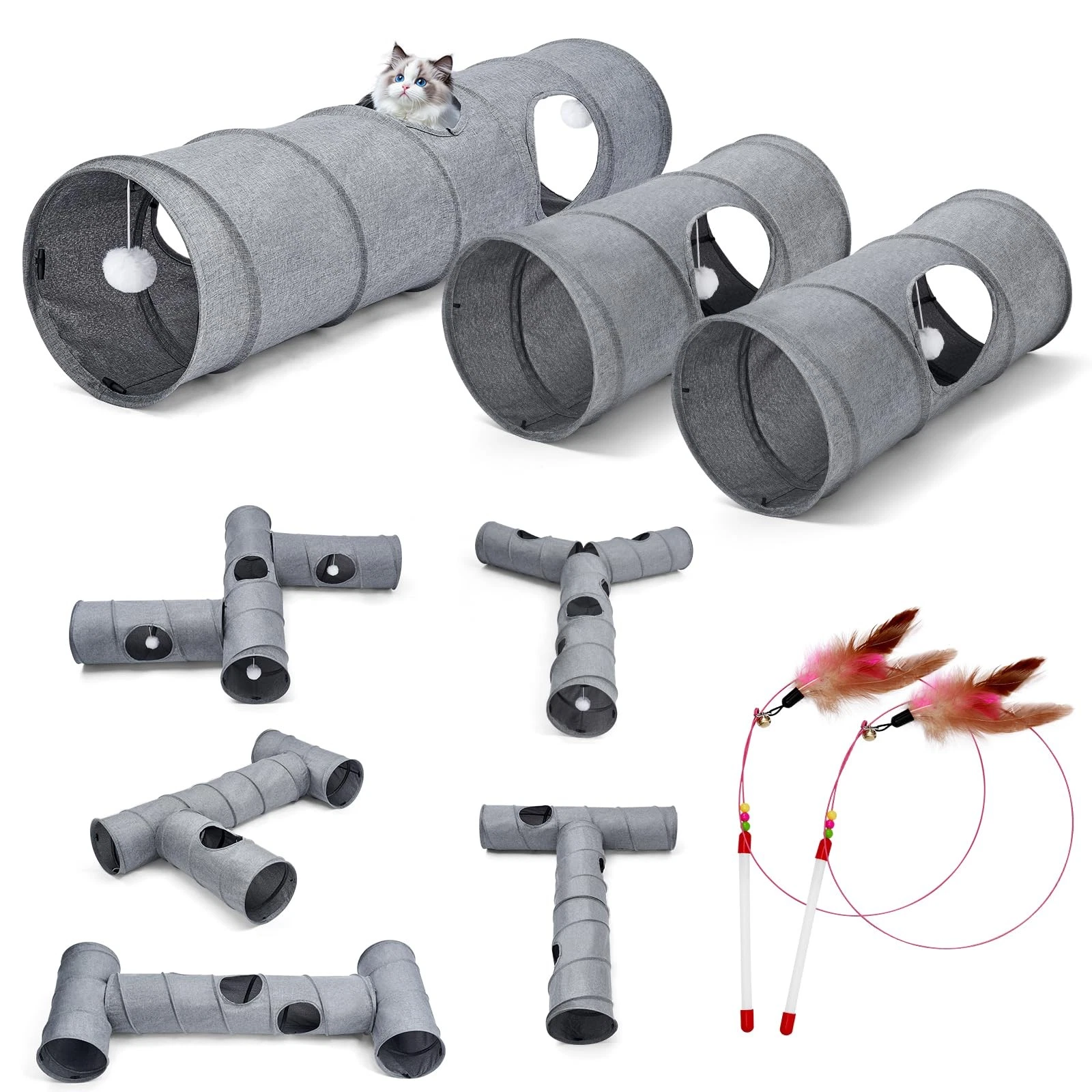 Cat Tunnel in Leashes DIY Play Tunnel with Ball Cat Toy Foldable Pet P...